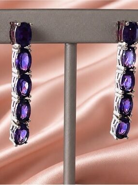 Authentic Deep Purple African Amethyst drop earrings set in 925 Sterling Silver